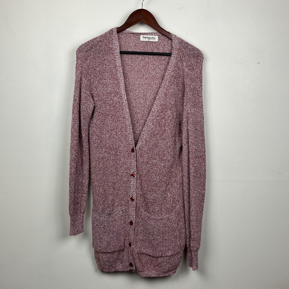 Impressions Longline Button Front Cardigan Size S Burgundy Marled Cozy Chic